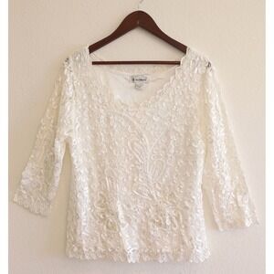 Vintage S.M. Collection Ivory Lace Ribbon Embroidered Blouse Pearl Sequin XL